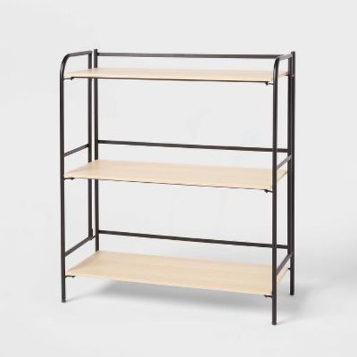 Folding 3 Shelf Black Metal with Natural Wood Shelves - Brightroom™