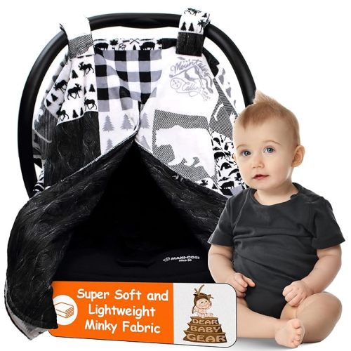 Infant Carseat Canopy and Winter Covers - Cozy Baby Car Seat Cover for Girls and Boys - Stroller Cover - Mountains Moose & Bear - Faux Quilt/Woodgrain 40" x 30"