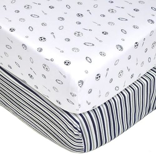 American Baby Company 2 Pack Fitted Crib Sheets 28" x 52", Soft Breathable Neutral 100% Cotton Jersey Sheet, Navy/Grey Sports Stripes, for Boys and Girls, Fits Crib and Toddler Bed mattresses