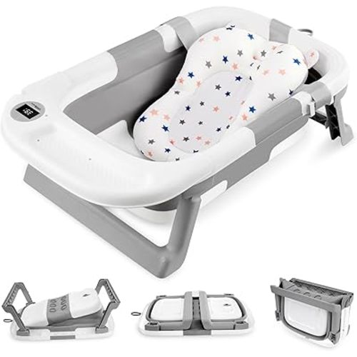 LIVINGbasics Foldable Baby Bath Tub for Infants to Toddler, Anti-Slip Portable Travel Shower Basin with Soft Support Cushion and Temperature Sensor
