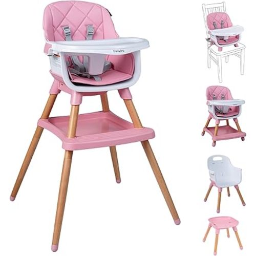 BABY JOY 8-in-1 High Chair, Convertible Wooden Highchairs for Babies and Toddlers | Dining Booster Seat | Toddler Stool, Double Removable Tray, 5-Point Safety Harness & Waterproof PU Cushion (Pink)