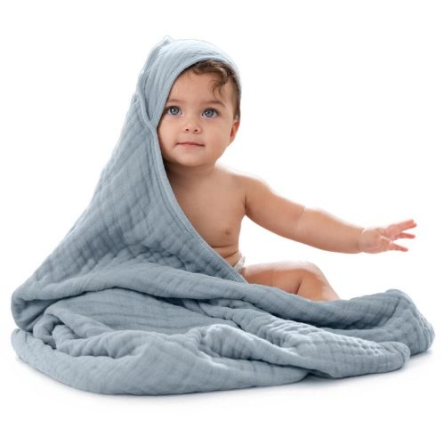 Comfy Cubs Hooded Baby Towels - 6 Layer, 100% Muslin Cotton - Large 32 x 32 Inch, Unisex, Pacific Blue