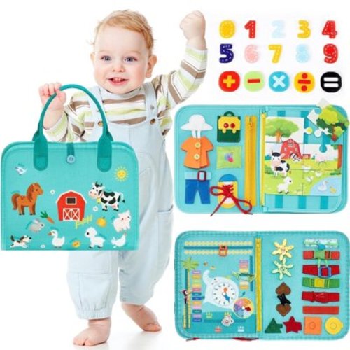 Toddler Busy Board, Montessori Toys for 1-4 Year Old, Toddlers Sensory Board Travel Activities Learning Toys, Autism Toys for Toddler Fine Motor Skills, Birthdays Gift for Boys Girls