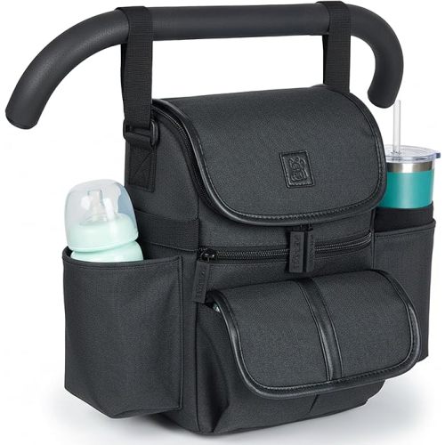 Universal Baby Stroller Organizer, Stroller Caddy , 2 Wide Cup Holders & Stability Bottle Straps, Adjustable Shoulder Strap, Fits 11" Tablet, Magnetic Pocket, YKK Zippers & Mesh Pockets, Waterproof