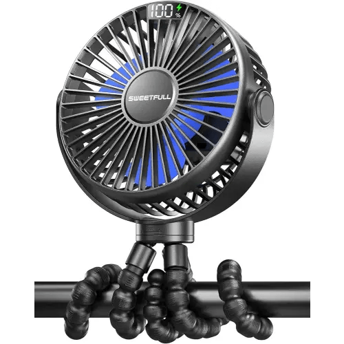 SWEETFULL Portable Stroller Fan with LED Display 4000mAh Battery Powered Mini Clip Fan, 4-Speed Rechargeable Small Personal Fan Handheld Desk Cooling Fan for Car Seat Crib Treadmill Travel-Black