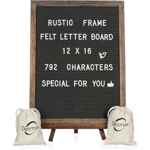 Felt Letter Board with Rustic Vintage Frame and Stand 12x16 inch,Grey Changeable Letter and Message Board Includes 792 Letters, Numbers and Symbols, Hook to Hang, 2 Canvas Bags