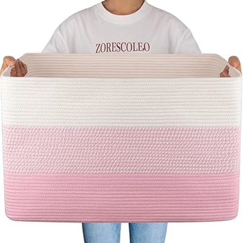 OIAHOMY 108L Super Large Blanket Basket For Living Room, 25”x16”x16” Rectangle Woven Baskets For Storage, Toy Storage with Handle - Pink&White