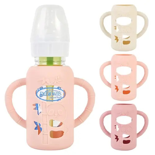 3 Pack Silicone Sleeves for Dr. Brown's Glass Baby Bottles, Anti Breakage Baby Bottle Holder with Handles for Baby Girls, Compatible with Dr. Brown's Glass Baby Bottle, 4 oz/120 mL
