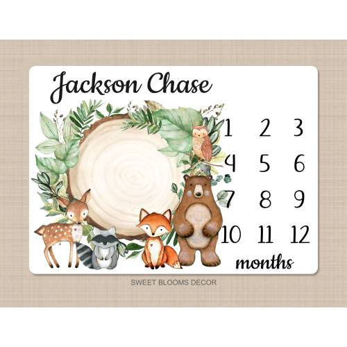 Woodland Milestone Blanket Personalized Rustic Forest Animals Greenery Log Bear Fox Deer Raccoon Newborn Photo Prop Baby Shower Gift B1092
