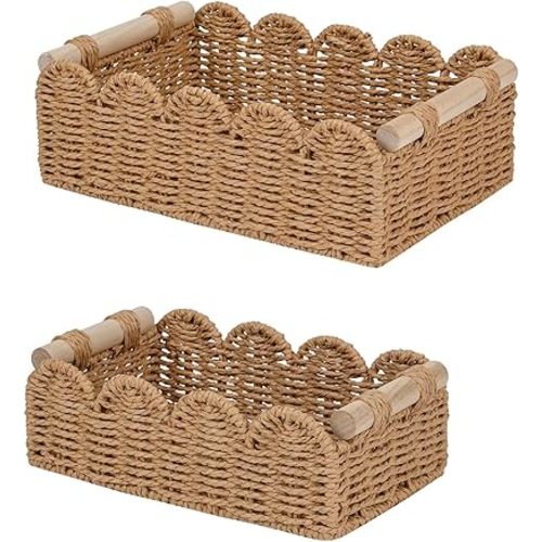 CubesLand Paper Rope Scalloped Edge Decor Baskets for Home, Living Room, Bedroom, Toilet Basket for Over Toilet Storage Shelf, End Table, Shelves and More, Both Storage&Decor, Set 2 Neutral