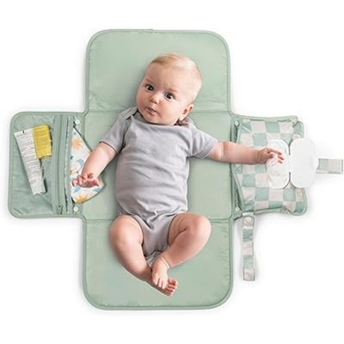 Tiny Twinkle Portable Diaper Changing Pad-Foldable Waterproof Changing Mat&Portable Changing Pad for Travel,Baby Changing Station with Smart Wipes Pocket&Storage (Sage Checkers)
