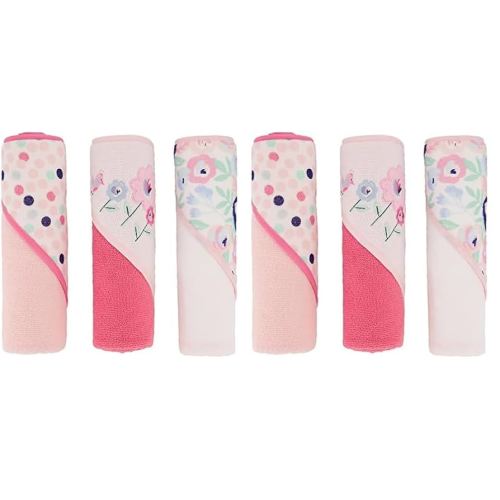 Cudlie Buttons & Stitches Baby Girl 6 Pack Rolled/Carded Hooded Towels in Blooms & Dots Print, GS71731
