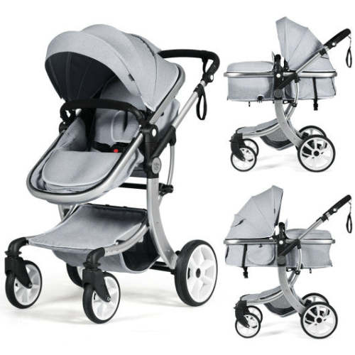 Folding Aluminum Infant Reversible Stroller With Diaper Bag-Gray
