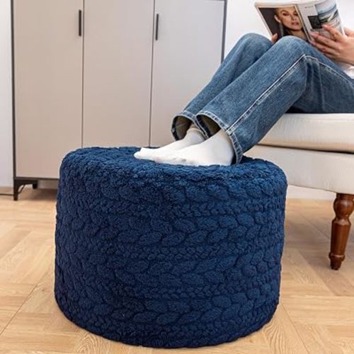 Round Pouf Ottoman 20 x 20 x 14 Inches Boho Poof Home Decor Floor Pouffe Ottoman Foot Rest for Couch Sofa Bean Bag Chairs Living Room Bedroom (Dark Blue)