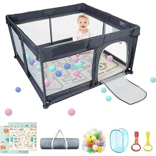 Baby Playpen 50" x 50", Baby Play Pen with Mat Portable Playpen for Babies and Toddlers for Indoor & Outdoor, Sturdy Safety Play Yard with Soft Breathable Mesh, Anti-Fall - DK. Grey