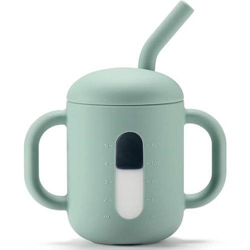 CLYMENE Silicone Training Cup with Straw & Handles | Baby Sippy Cup | Water Drinking Cup for Infants and Toddlers 6 Months+, 6 oz, Sage
