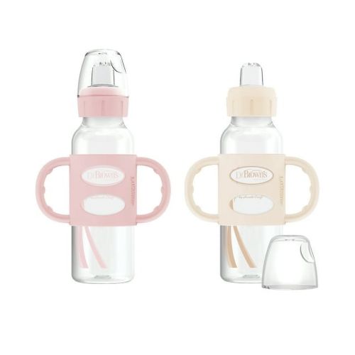 Dr. Brown's Milestones Narrow Sippy Spout Bottle with Handles, 8oz/250ml, 6m+, Pink/Ecru, 2 Pack