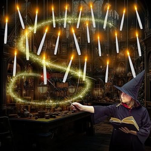 24 PCS Floating Candles with Wand, Christmas Decoration Magic Hanging Candle, Flameless Candle with Remote, Brightness Control, LED Taper Light Flickering for Indoor Party Room Birthday Decor Gift