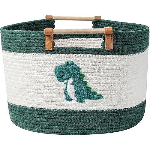 Large Blanket Basket 35L Cotton Rope Basket with Wooden Handles Woven Baskets for Kids Stuffed Animal Toys Storage for Nursery, Laundry Hamper Clothes Baby Hamper Boys Gift Basket Empty, (Dinosaur ）