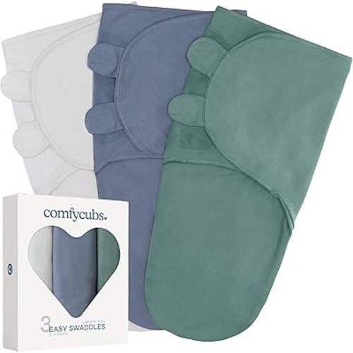 Comfy Cubs Easy Swaddle Blanket, 3 Pack - 100% Cotton Newborn Wrap, Large for 3-6 Months Infants, Breathable and Durable Sleep Sack for Babies - Stone, Nomadic Blue & Azul