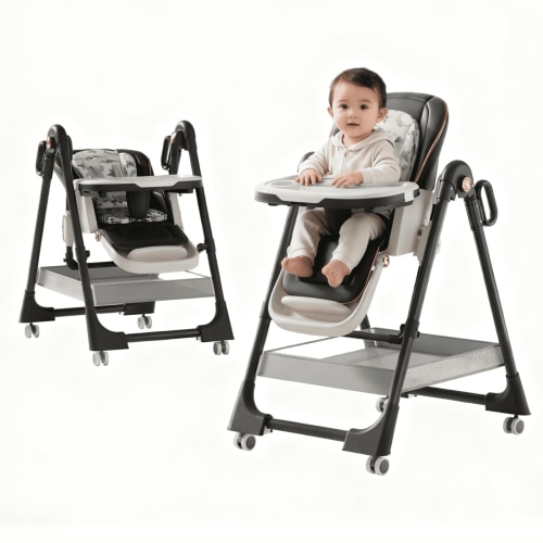 Convertible Baby High Chair Infant Feeding Chair Basic Chair Foldable Highchair with Wheels&Removable Tray,PU Leather,Adjustable Height, DEEPGREY for Babies and Toddlers