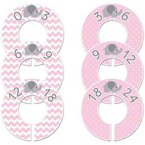 6 Baby Girl Nursery Clothing Size Closet Dividers Pink Elephant (1.25 Inch Rod)