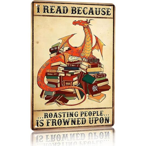 Dargon Gifts Vintage Dragon Tin Sign It's Not Hoarding If It's Books Sign for Home Cafe Bedroom Library Bookshelf Wall Decor 8x12 Inch (3018)