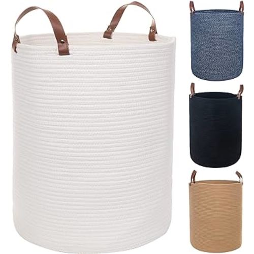 Extra Large 20x16 Inches Cotton Rope Basket, Woven Baby Laundry Blanket Basket with Leather Handle Toy Basket Storage Baskets Bin for Yoga Mat & Towel (White)