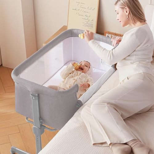 Larex Baby Bassinet, 3 in 1 Bassinets Bedside Sleeper for Newborn, Portable Crib Adjustable 7 Height Bedside Bassinet with Mattress and Wheels Light Grey
