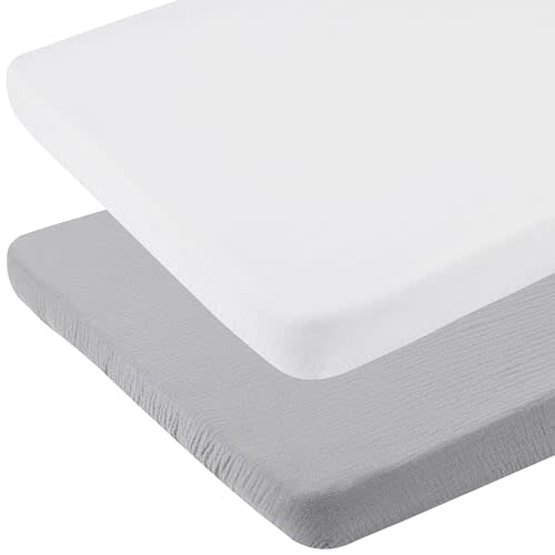 Muslin Bassinet Sheets 33" x 19" Compatible with Bedside Bassinet, 2 Pack for Baby Boy and Girl, White and Grey