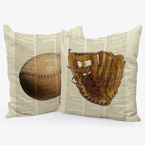 Linen Throw Pillow Case, 24 x 24 Inch Set of 2: Vintage Baseball Decor, Perfect Gifts for Baseball Fans, Cushion Cover for Sofa, Couch, Bed