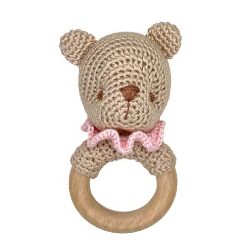 Bear Bamboo Crochet Woodring Rattle in Pink