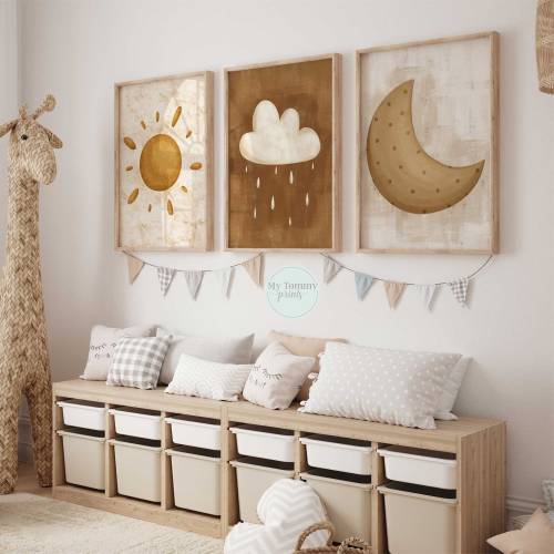Sun and moon print set of 3 sun moon rain cloud wall art, weather nursery decor, boho kids prints