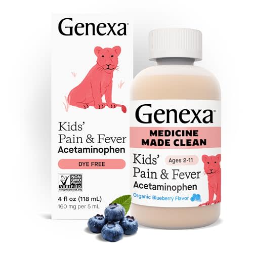 Genexa Kids’ Clean Pain & Fever Acetaminophen, Dye Free, 0% Artificial Additives, Delicious Organic Blueberry Flavor, Liquid Oral Suspension Medicine for Children 2-11, 160 mg per 5mL, 4 fl oz