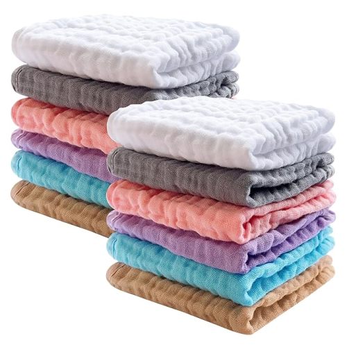 SWEET DOLPHIN 12 Pack Baby Muslin Washcloths - Soft Face Cloths for Newborn, Absorbent Bath Wash Cloths, Wipes, Burp Rag - Toddlers Essentials Stuff, Baby Registry as Shower -10"x10", Multicolor - 10x10 Inch (Pack of 12)