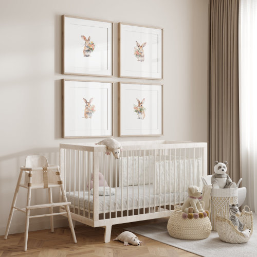 Set of 6 Bunny Art Prints for Nursery, Rabbit Pictures for Babies Bedroom, Bunnies with flowers, Kids Room Decor, Gender Neutral Playroom