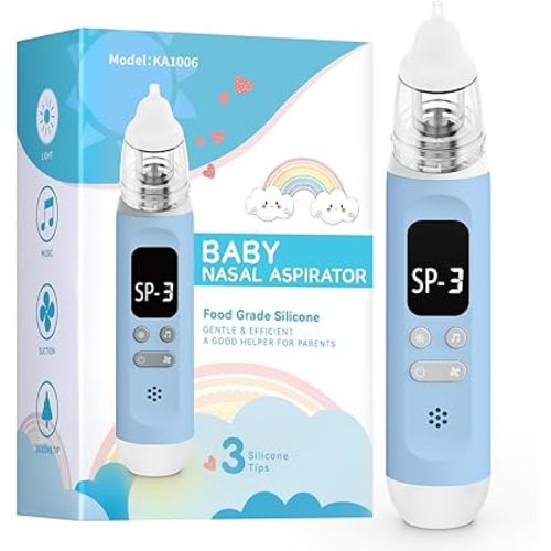 Bivni Baby Nasal Aspirator,Electric Baby Nose Sucker with Adjustable 3 Levels Suction, Rechargeable Nasal Sucker for Babies with 8 Light Modes and 3 Nursery Rhymes(Blue)