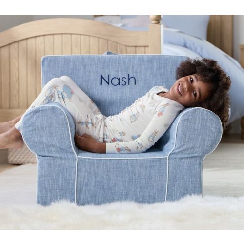 Anywhere Chair®, Chambray with White Piping - Century Gothic Font in Navy ("My First" Chair Size)