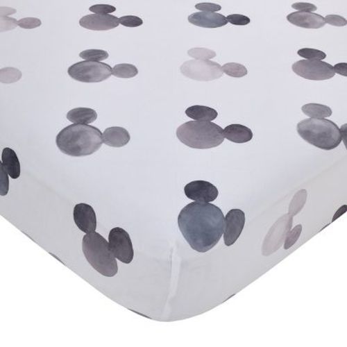 Nojo Disney Mickey Mouse - Black, White And Gray Watercolor Mickey Ears Nursery Fitted Crib Sheet