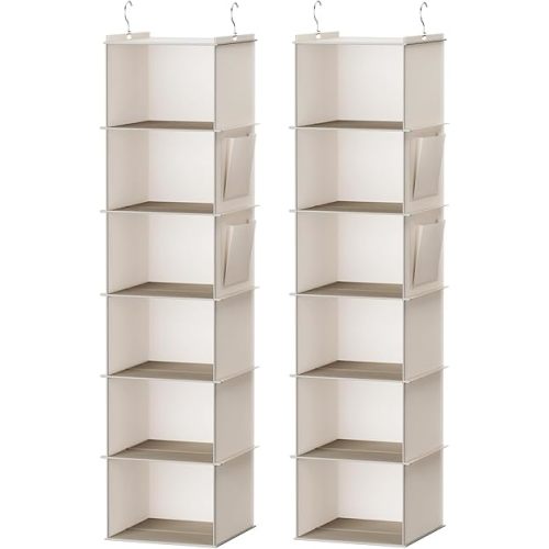 Hanging Closet Organizer, 6-Shelf Closet Hanging Storage Shelves, 2 Packs, Beige