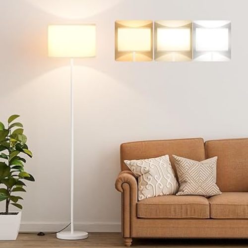 Ambimall 60'' Modern Floor Lamp with Shade, Tall Lamps for Living Room, Bedroom, Office, Dining Room, White Shade with White Pole(Without Bulb)