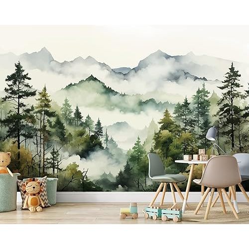 Watercolor Forest Mountain Mural Wallpaper, Foggy Tree Ink Wall Mural, Natural Mural, Misty Abstract Botanical Wallpaper for Living Room Bedroom Dinning Room141 x96(Not Peel and Stick)