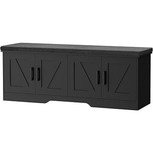 2-Tier Storage Bench, 47.2" Wide Shoe Bench with Padded Seat Cushion, Entryway Bench with 4 Barn Doors and Adjustable Shelf, Black