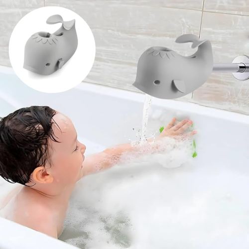 PandaEar Bath Spout Cover, Baby Bathtub Faucet Cover, Baby Shower Protector Cover for Kids Toddlers, Universal Fit -Whale (Gray)