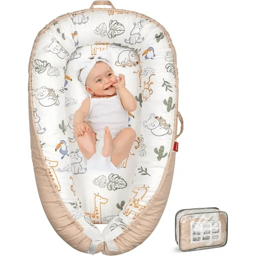 Baby Lounger - Baby Lounger for Newborn 0-24 Months, Breathable & Soft Baby Nest, Portable and Lightweight Lounger for Home and Travel, Ideal Newborn Babies Essentials (Beige Hippo)