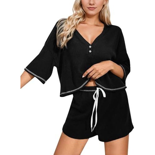 Womens Ribbed Knit Lounge Set Short Sleeve Top and Shorts Sleepwear Pajama Set Two Piece Shorts Outfits Set