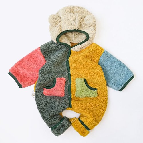 Baby Color Block Fleece Hooded Romper