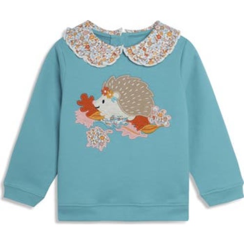 Autumn Hedgehog Appliqué Collared Cotton Graphic Sweatshirt