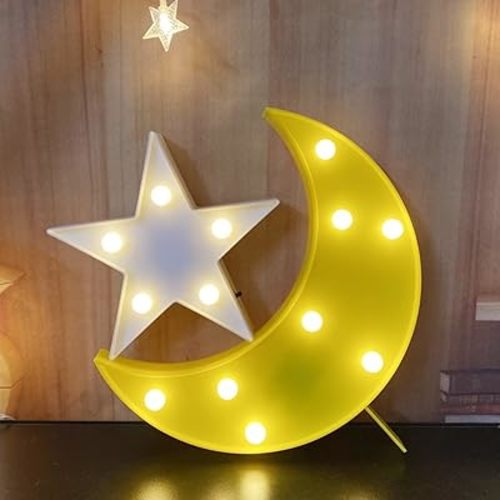 QiaoFei Decorative Moon-Star Night Light,Cute LED Nursery Night Lamp Gift-Marquee Moon-Star Sign for Birthday Party,Baby Shower,Kids Room, Living Room Decor(Yellow)