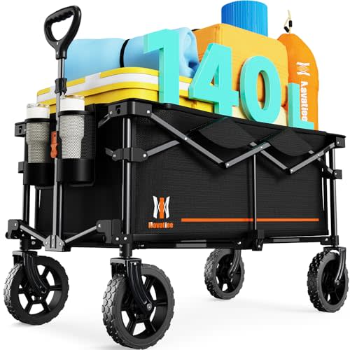 Navatiee 140L Collapsible Folding Wagon, Large Capacity Foldable Wagon with Silent All-Terrain Wheels, Utility Grocery Cart for Camping Shopping Outdoor, Black